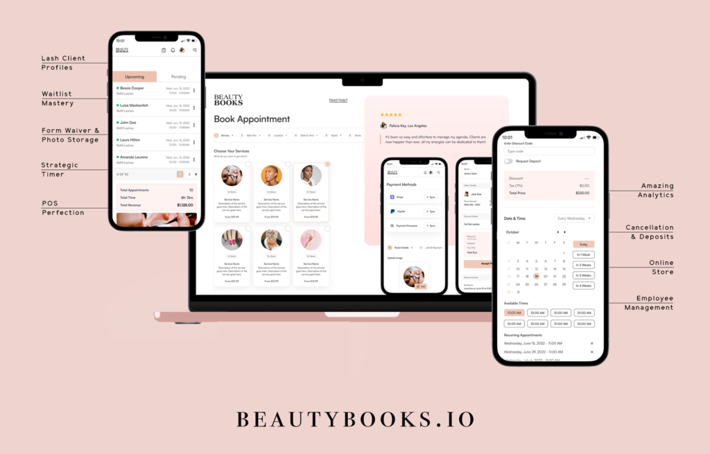 Image of phone and laptop showing the Beauty Books app and it's many features